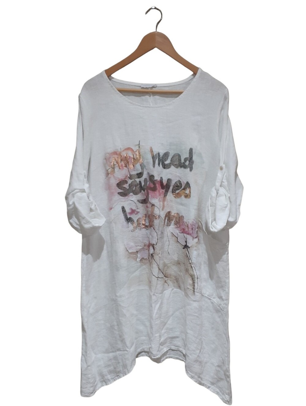Made In Italy Women's Asymmetrical 100% Linen Dress White With Graphic One Size